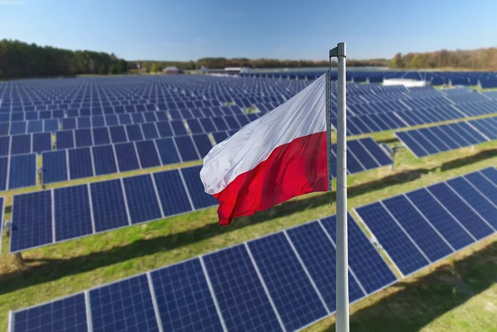 Polish flag and solar energy facility